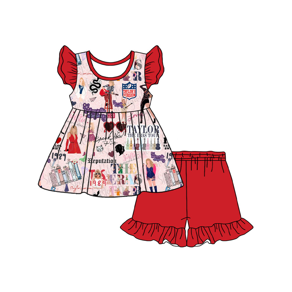 Baby Girls Red Flutter Sleeves Singer Guitars Print Tunic Ruffle Shorts Set Preorder
