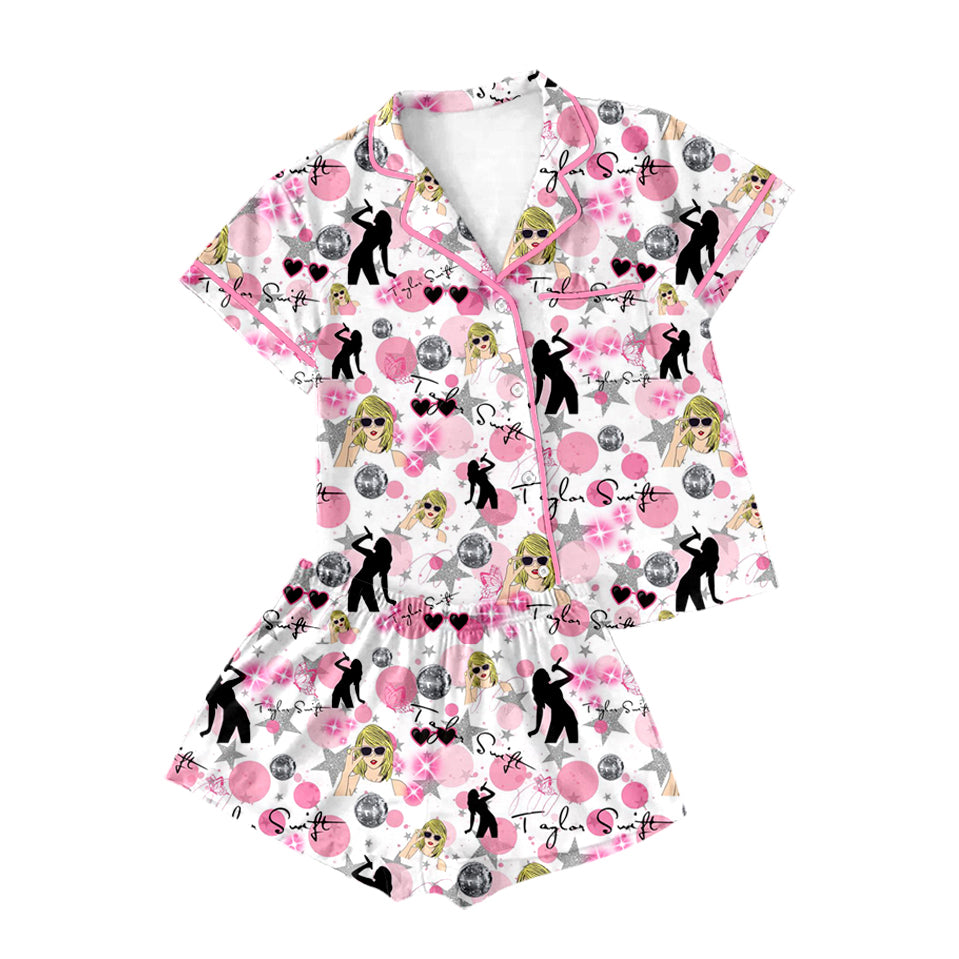 Adult Women Pink Button Down Hearts Singer Print Top Shorts Mama Pajamas Set Preorder