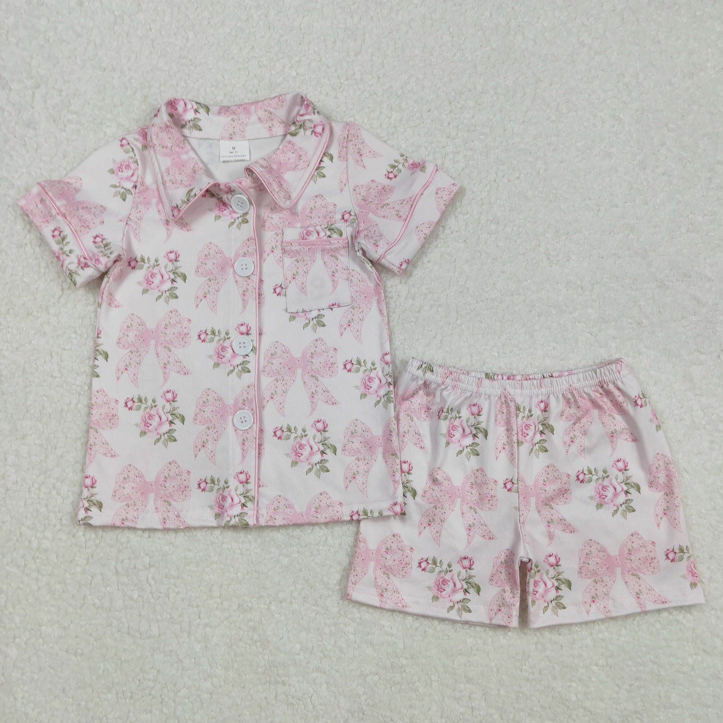 Mama And Me Pink Short Sleeves Button Down Bows Floral Top Shorts Pajamas Set