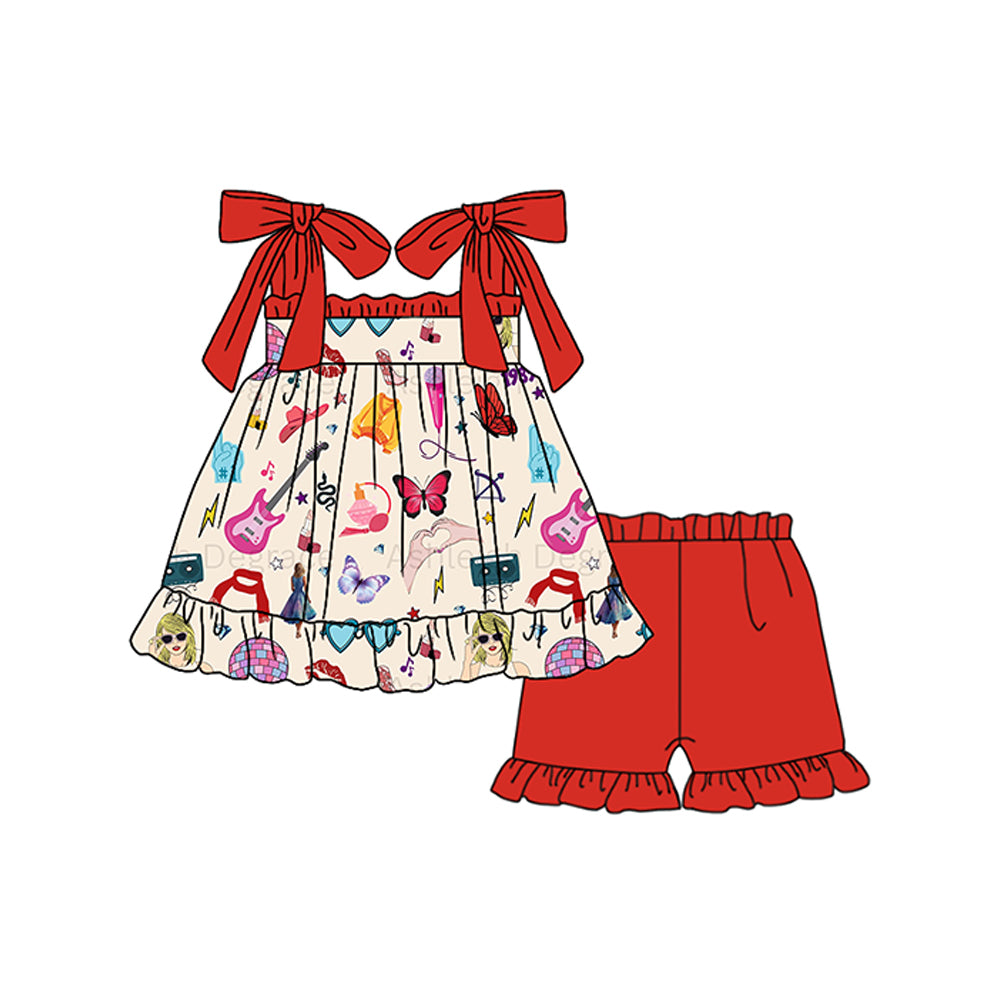 Baby Girls Red Strap Singer Guitars Print Tunic Ruffle Shorts Set Preorder