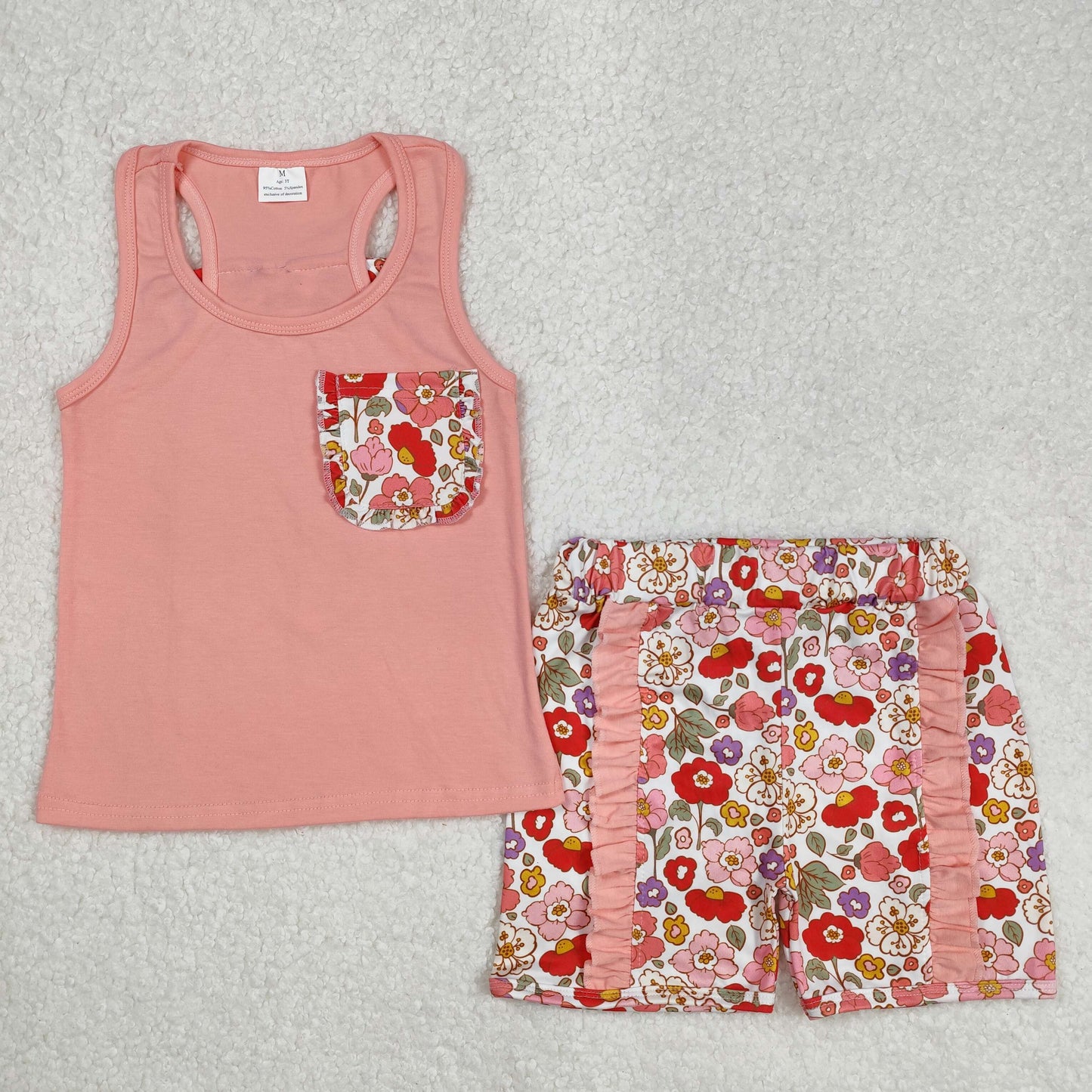 Baby Girls Peach Sleeveless Backless Bow Pocket Top Red Floral Ruffle Shorts Set