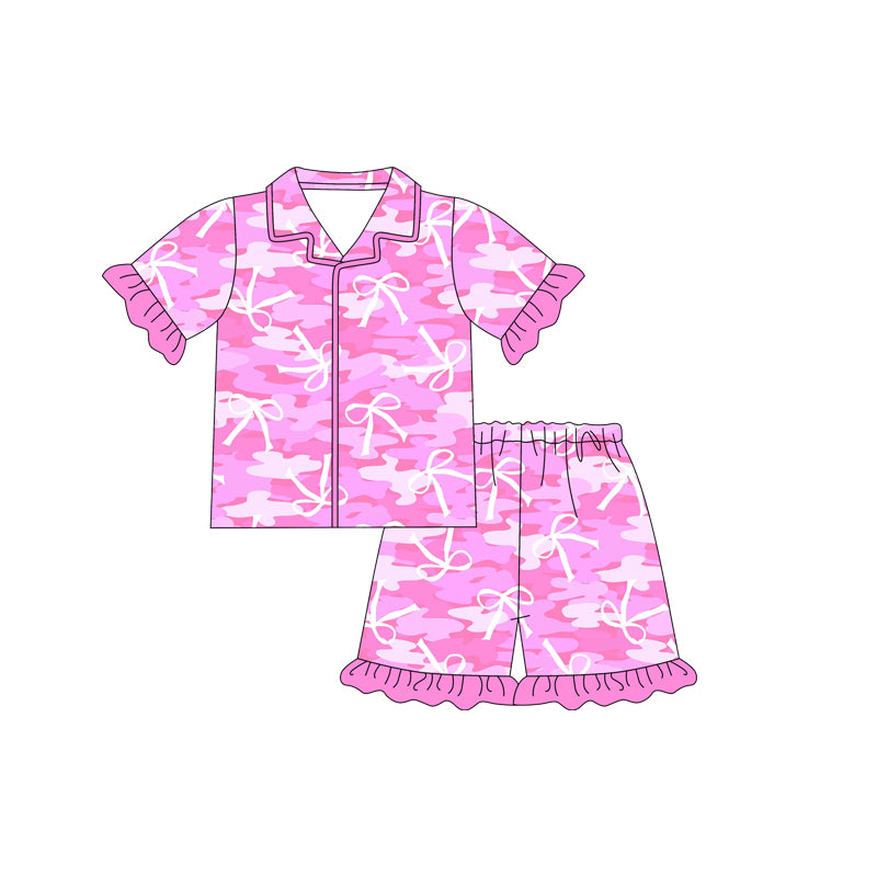 Baby Girls Pink Short Sleeves Camo Bows Print Button Down Top Shorts Pajamas Set Preorder