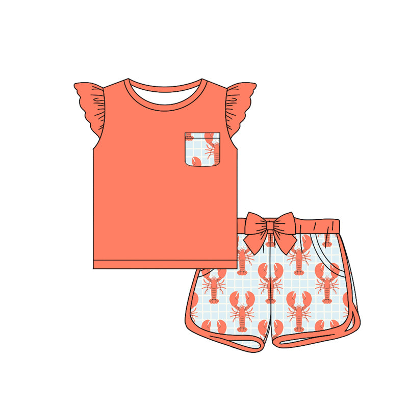 Baby Girls Peach Flutter Sleeves Crayfishes Top Pockets Shorts Mardi Gras Set Preorder