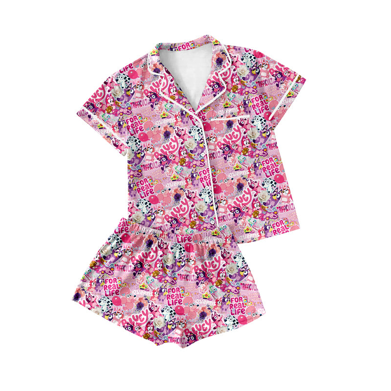 Adult Women Pink Short Sleeves Button Down Bows Cartoon Dogs Top Shorts Pajamas Set Preorder