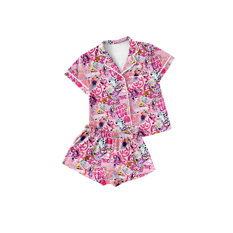 Baby Girls Pink Short Sleeves Cartoon Dogs Button Down Top Short Pajamas Set Preorder