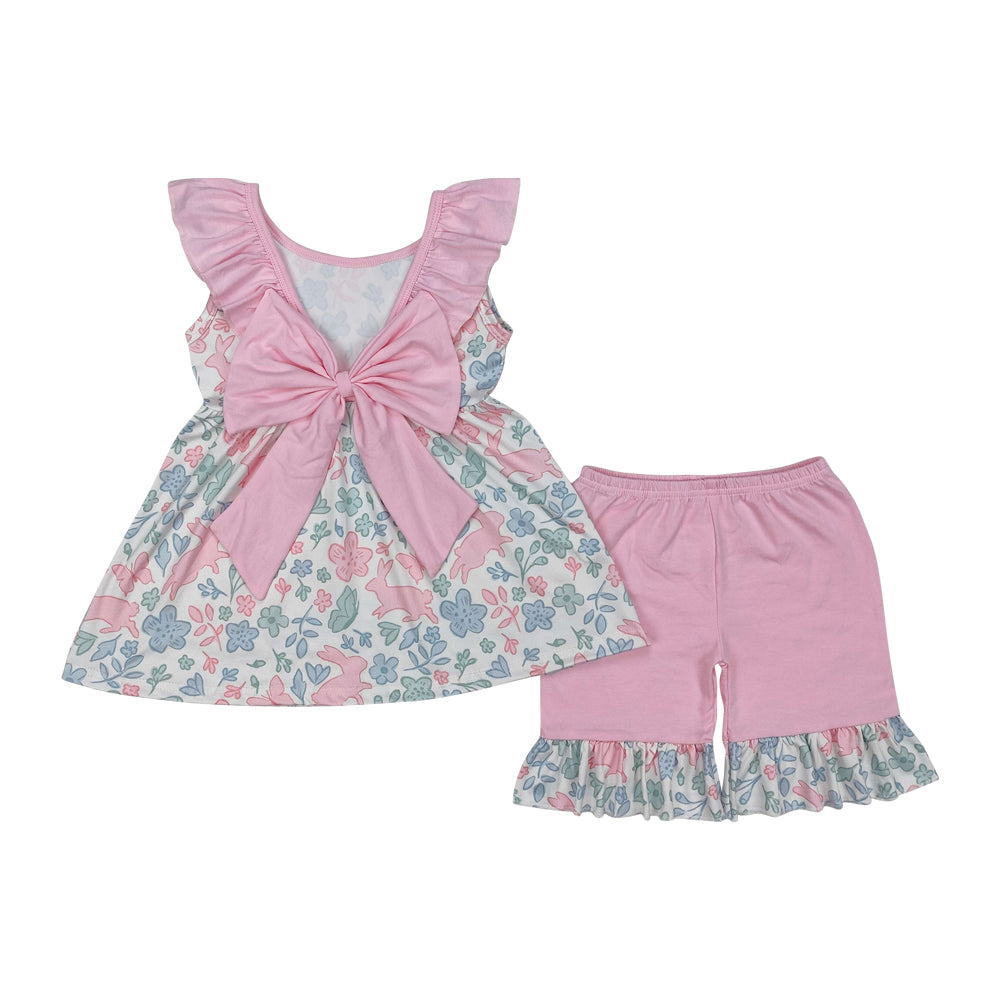 Baby Girls Pink Sleeveless Flowers Bunny Tunic Ruffle Short Easter Set