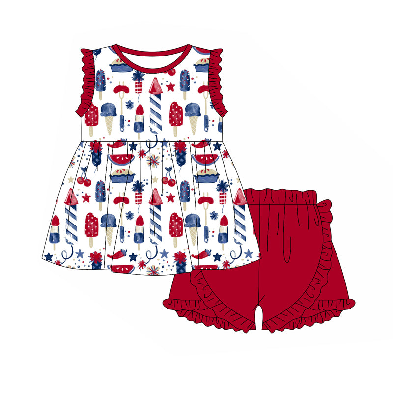 Baby Girls Red Ruffle Sleeveless Ice Cream Firework Tunic Short 4th Of July Set Preorder