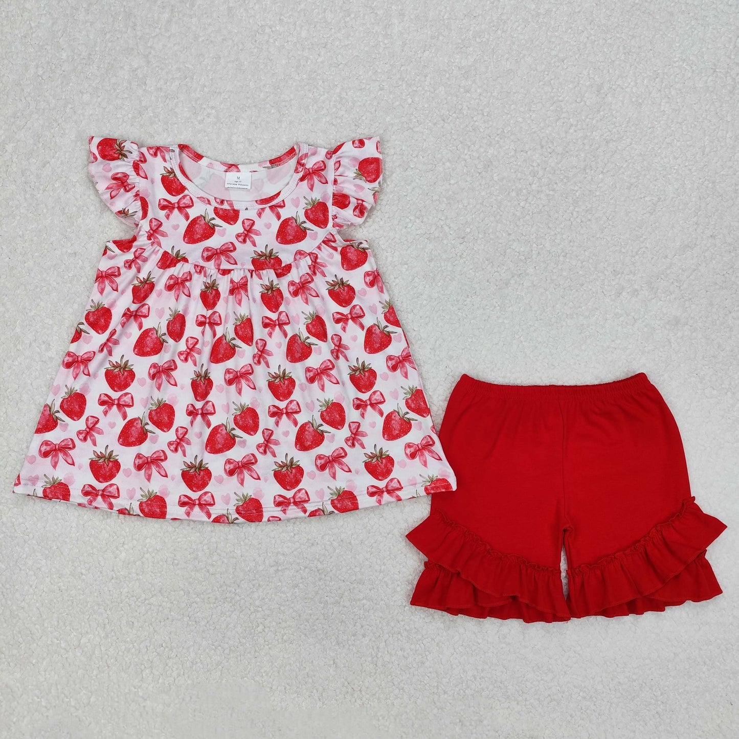Baby Girls Flutter Sleeves Red Bows Strawberry Tunic Ruffle Shorts Set