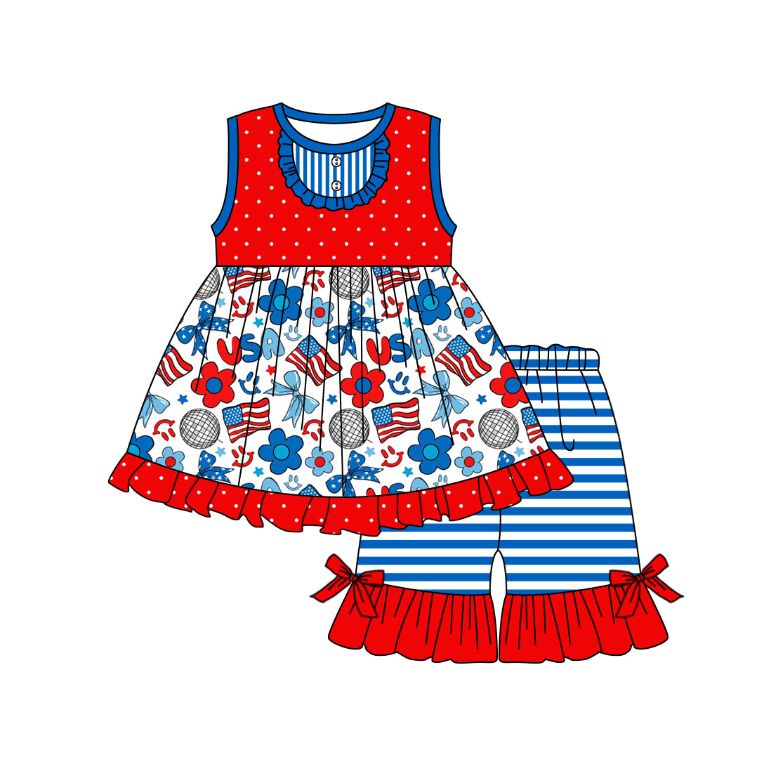 Baby Girls Sleeveless Red Polka Dots Blue Bows Flags Tunic Stripe Ruffle Shorts 4th Of July Set Preorder
