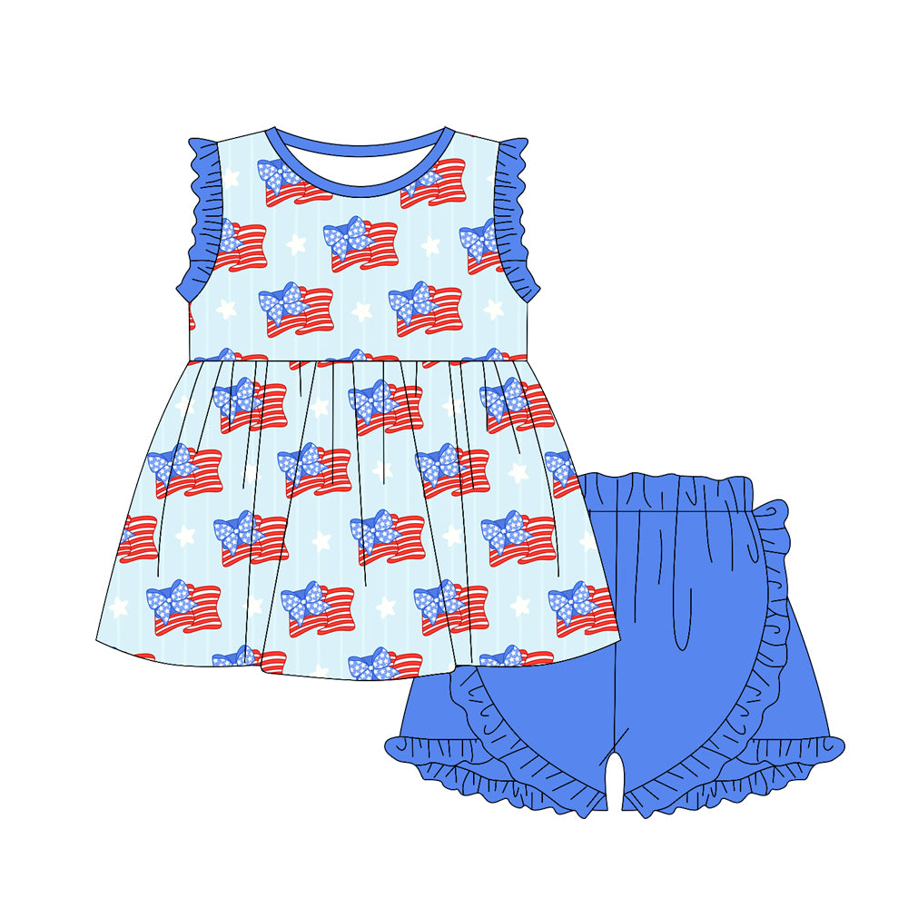 Baby Girls Sleeveless Blue Bows Flags Tunic Ruffle Shorts 4th Of July Set Preorder