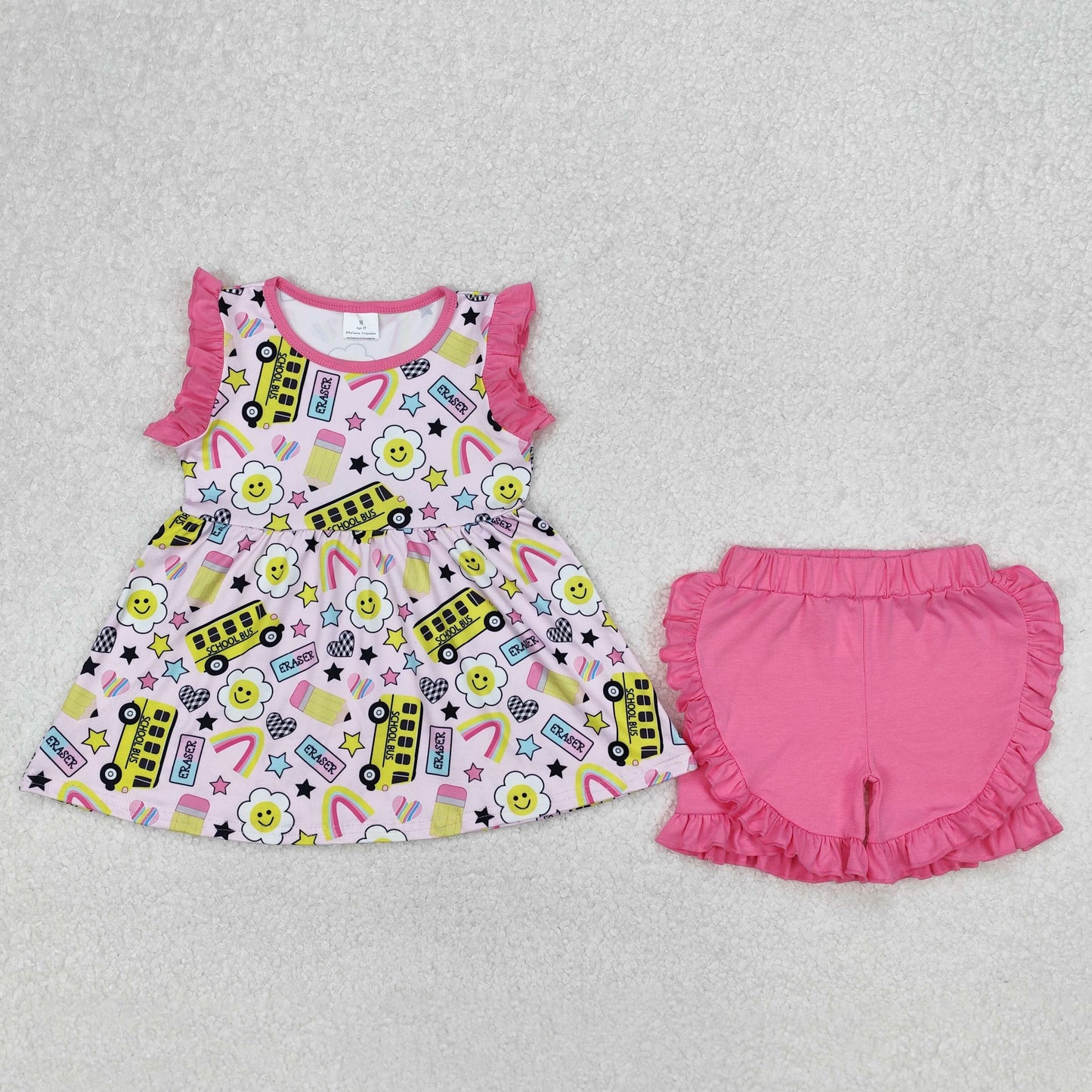 Baby Girls Pink Sleeveless Pencils School Buses Tunic Ruffle Shorts Set