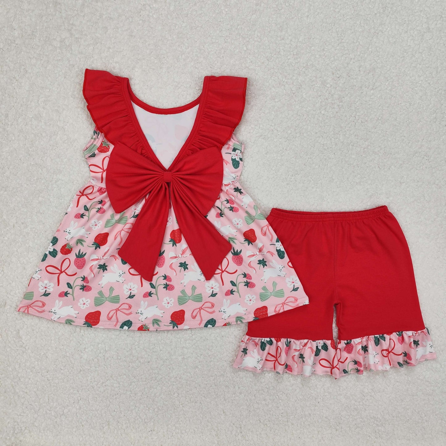 Baby Girls Red Sleeveless Bunny Strawberry Tunic Ruffle Shorts Easter Set