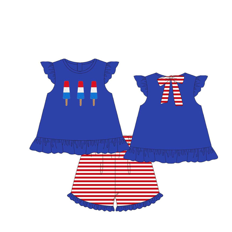 Baby Girls Hot Blue Flutter Sleeves Popsciles Top Red Stripe Ruffle Short 4th Of July Set Preorder