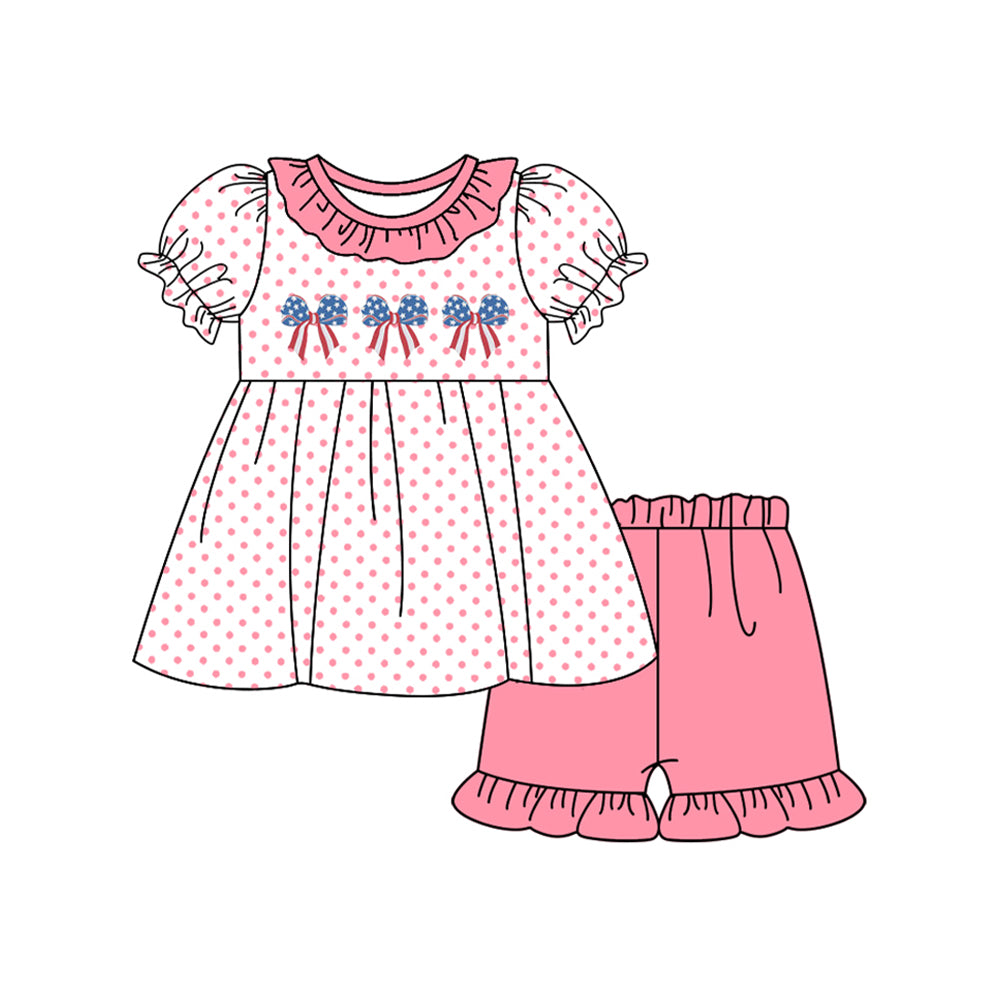 Baby Girls Short Ruffle Sleeves Pink Polka Dots Bows Tunic Shorts 4th Of July Set Preorder