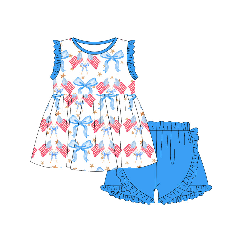 Baby Girls Sleeveless Blue Bows Flags Tunic Ruffle Shorts 4th Of July Set Preorder