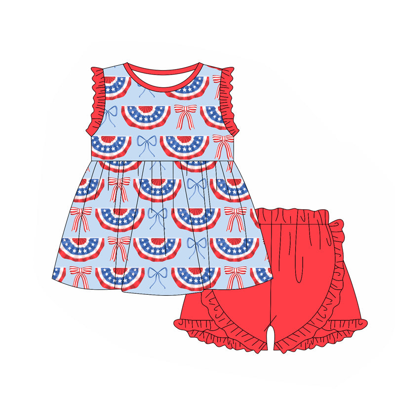 Baby Girls Sleeveless Blue Red Stripe Bows Tunic Ruffle Shorts 4th Of July Set Preorder