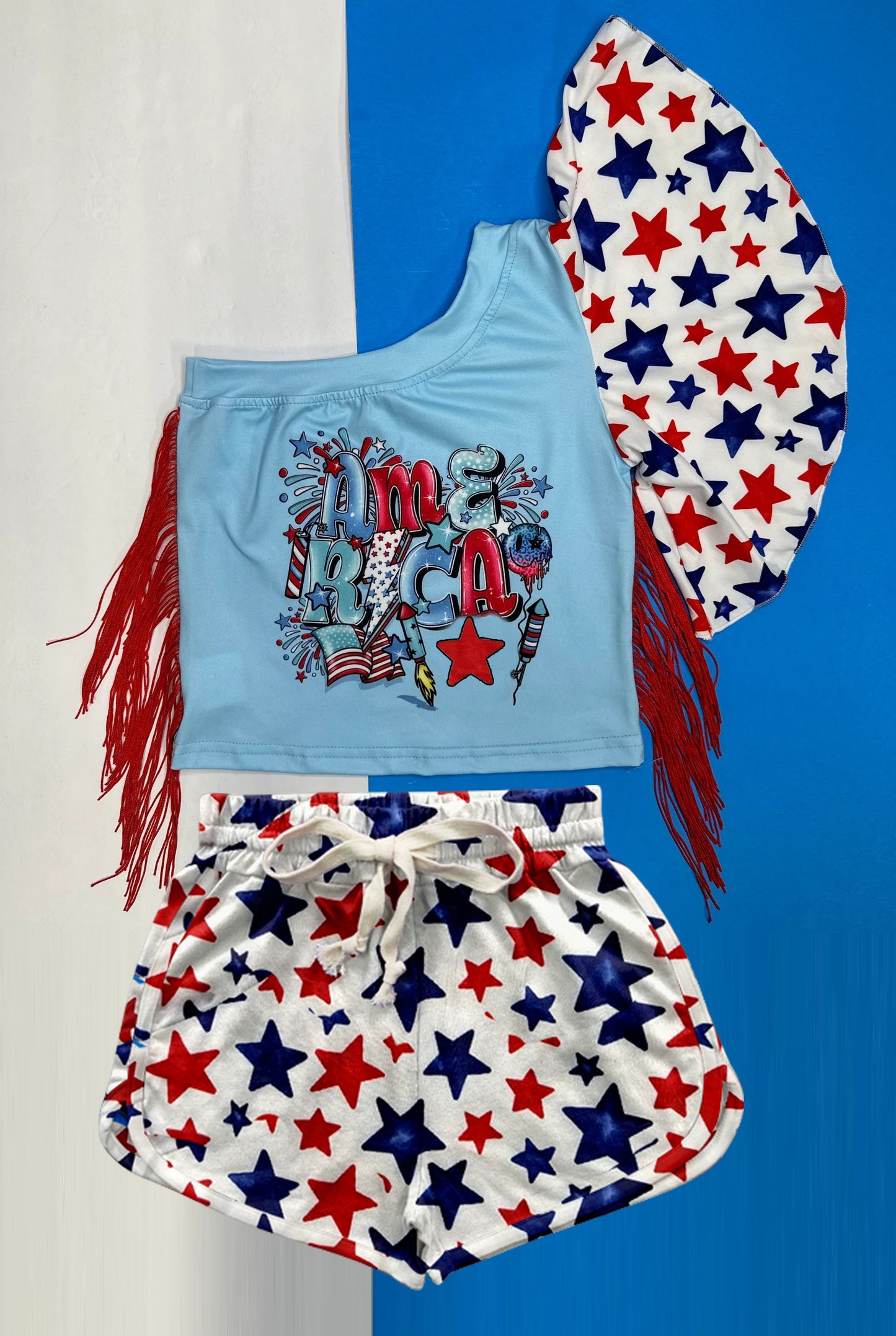 Baby Girls One Bell Shoulder Sleeves Tassel Top Stars Shorts 4th Of July Set Preorder