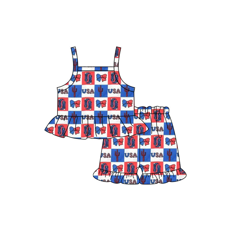 Baby Girls Strap Blue Red Plaid Bows Boots Cactus Tunic Ruffle Short 4th Of July Set Preorder