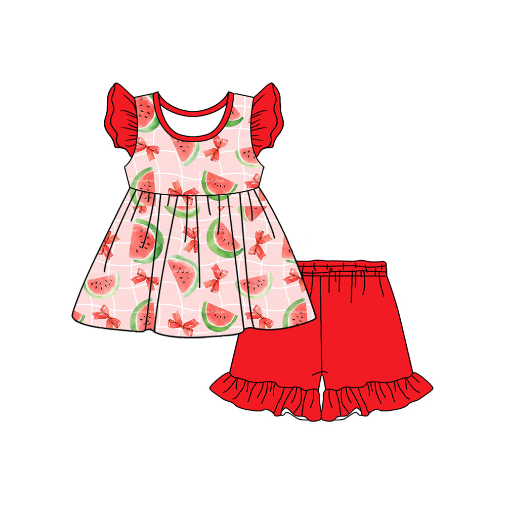 Baby Girls Red Flutter Sleeves Watermelon Bows Tunic Ruffle Short Valentines Set Preorder