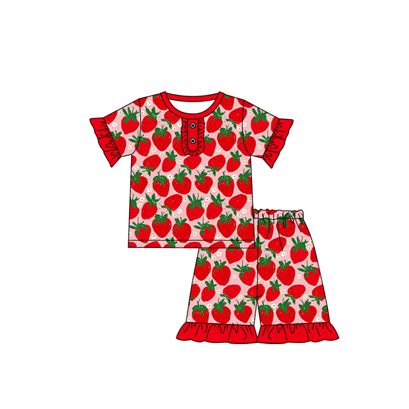 Baby Girls Red Short Ruffle Sleeves Strawberry Button Down Top Short Valentines Set Preorder