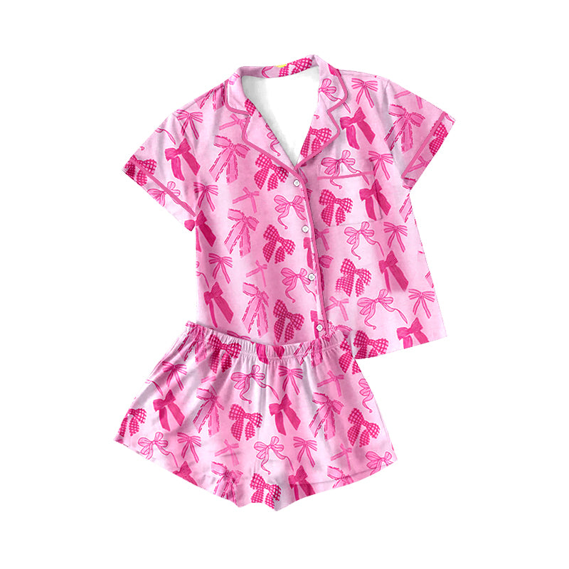 Adult Women Pink Short Sleeves Bows Button Down Top Shorts Pajamas Set Preorder
