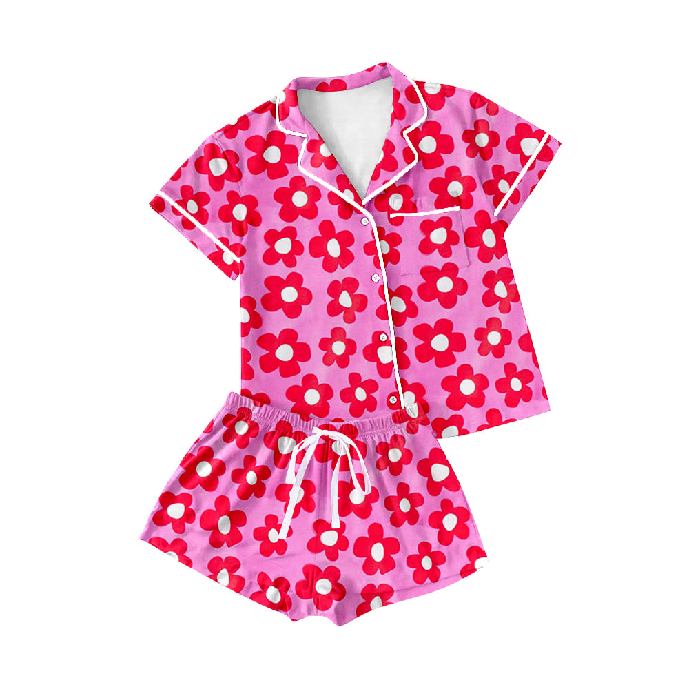 Adult Women Pink Short Sleeves Flowers Button Down Top Shorts Pajamas Set Preorder