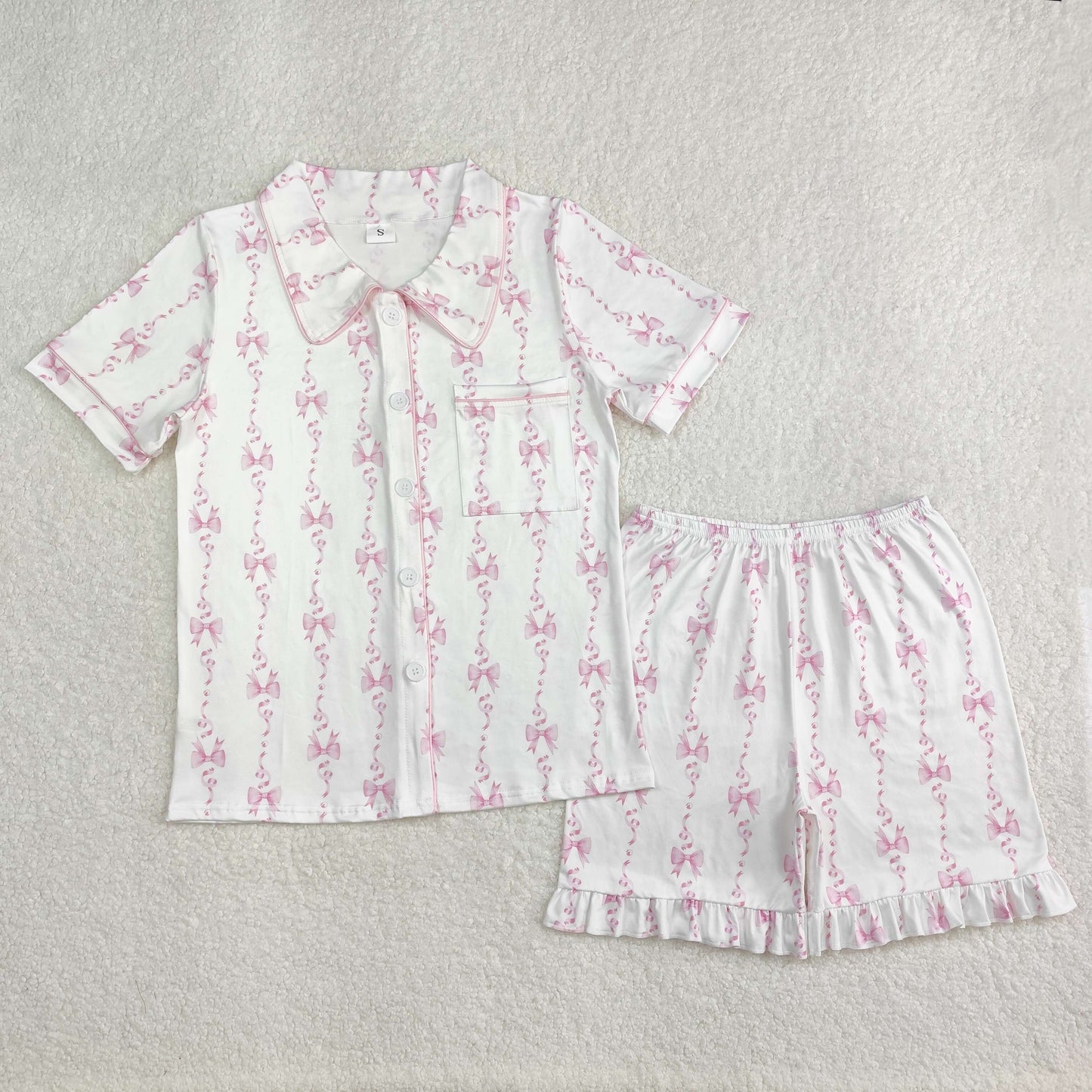 Adult Women Pink Bows Stripe Button Down Top Ruffle Shorts Valentines Pajamas Set