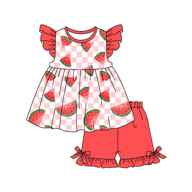 Baby Girls Red Flutter Sleeves Watermelon Plaid Tunic Ruffle Short Valentines Set Preorder
