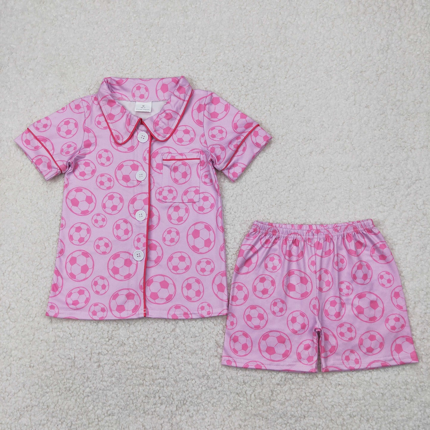 Baby Girls Pink Short Sleeves Button Down Pocket Footballs Top Short Pajamas Set