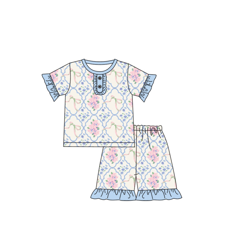 Baby Girls Blue Short Ruffle Sleeves Floral Bows Button Down Top Short Pajamas Set Preorder
