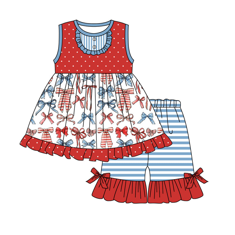 Baby Girls Red Sleeveless Blue Bows Tunic Stripe Ruffle Short 4th Of July Set Preorder