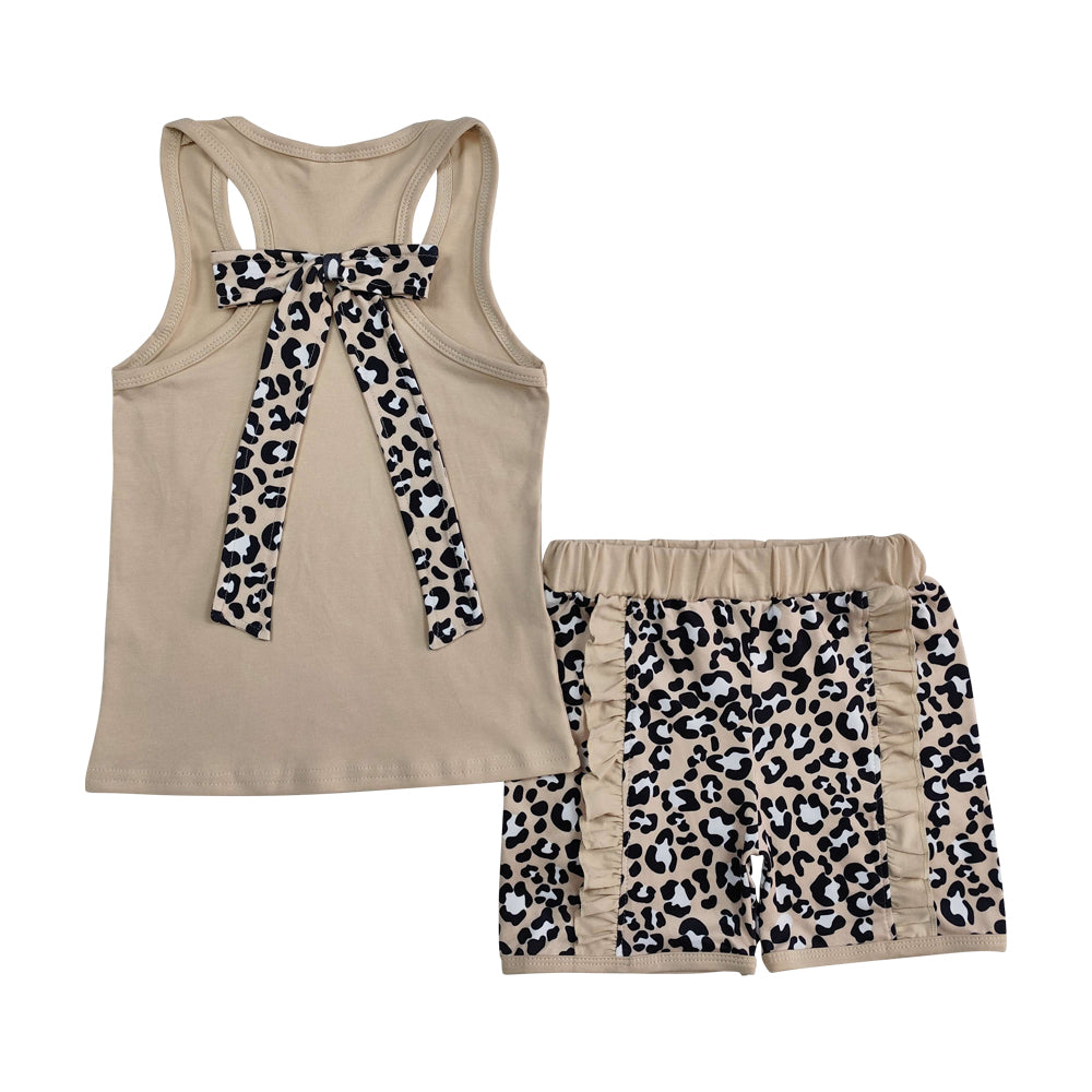 Baby Girls Khaki Sleeveless Leopard Pocket Backless Bow Top Ruffle Shorts Set