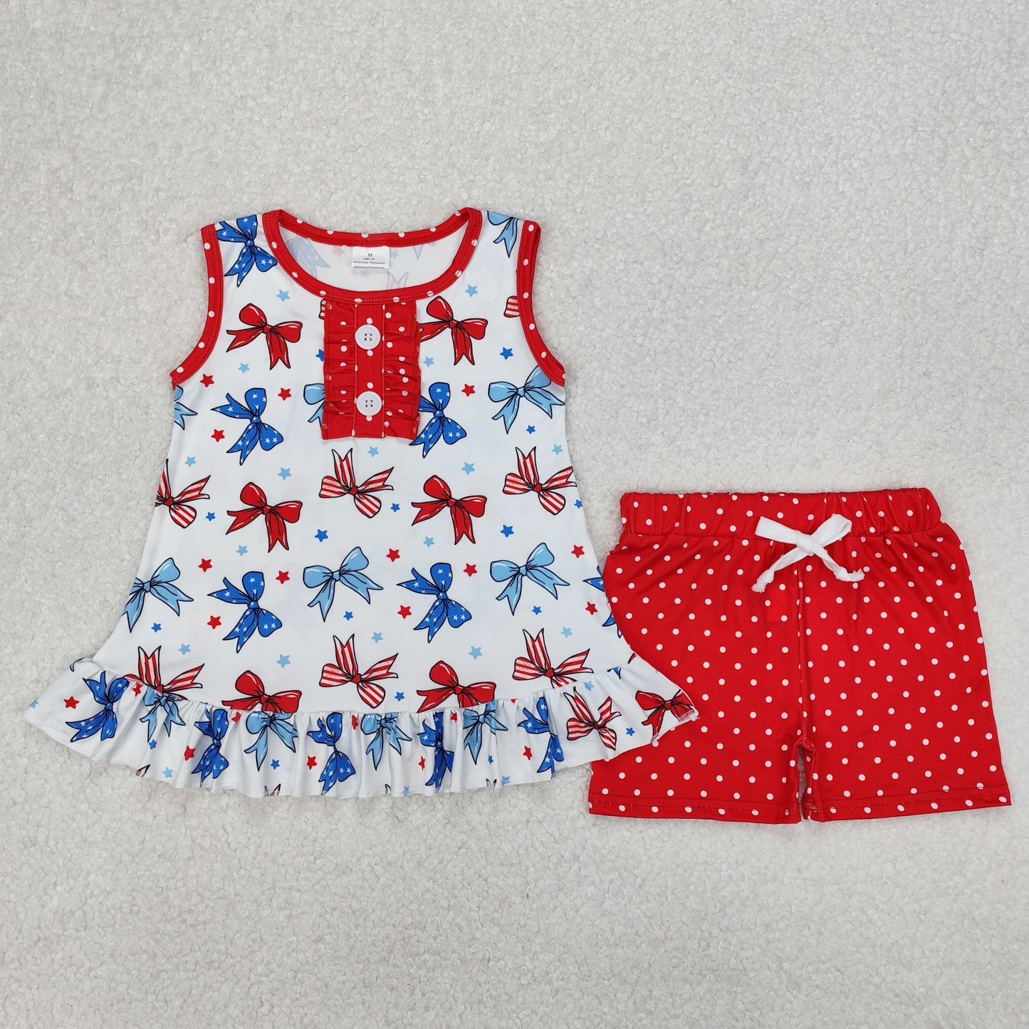 Baby Girls Red Sleeveless Button Down Blue Bows Tunic Polka Dots Shorts 4th Of July Set