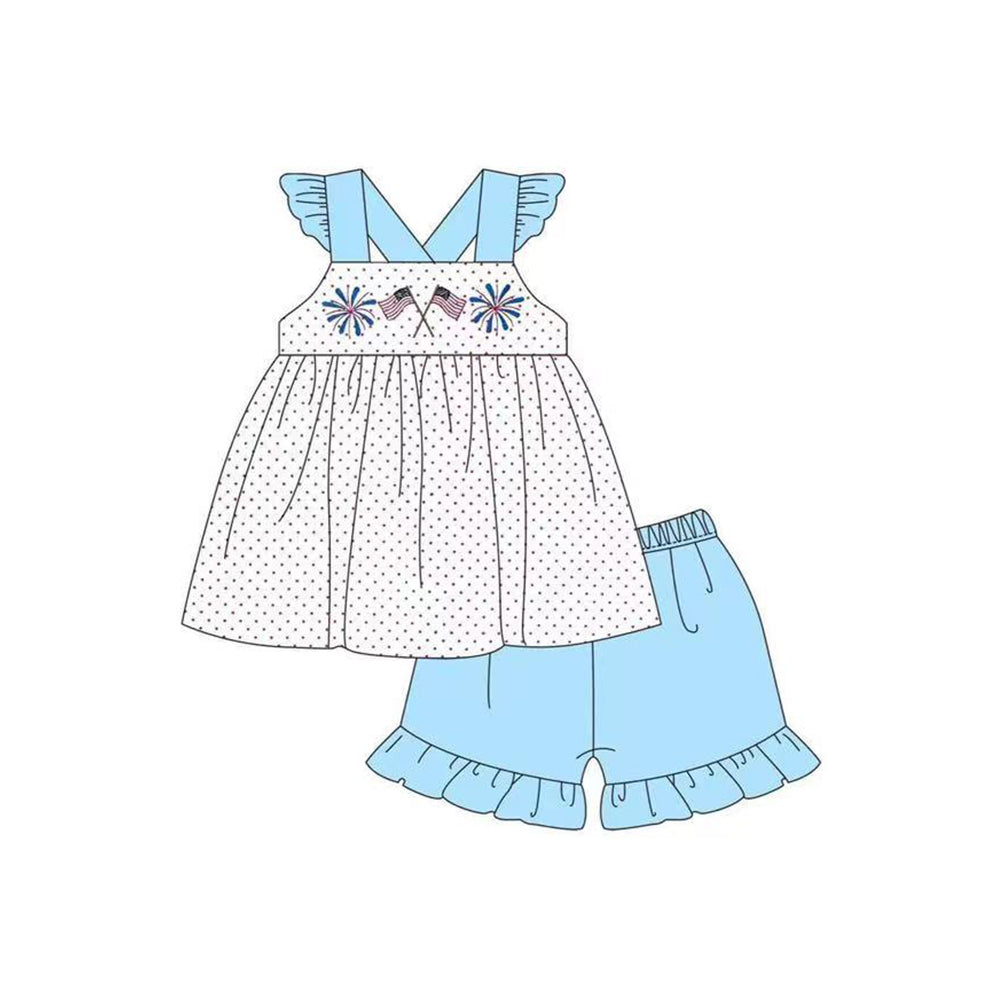 Baby Girls Blue Flutter Sleeves Polka Dots Flags Fireworks Tunic Ruffle Shorts 4th Of July Set Preorder