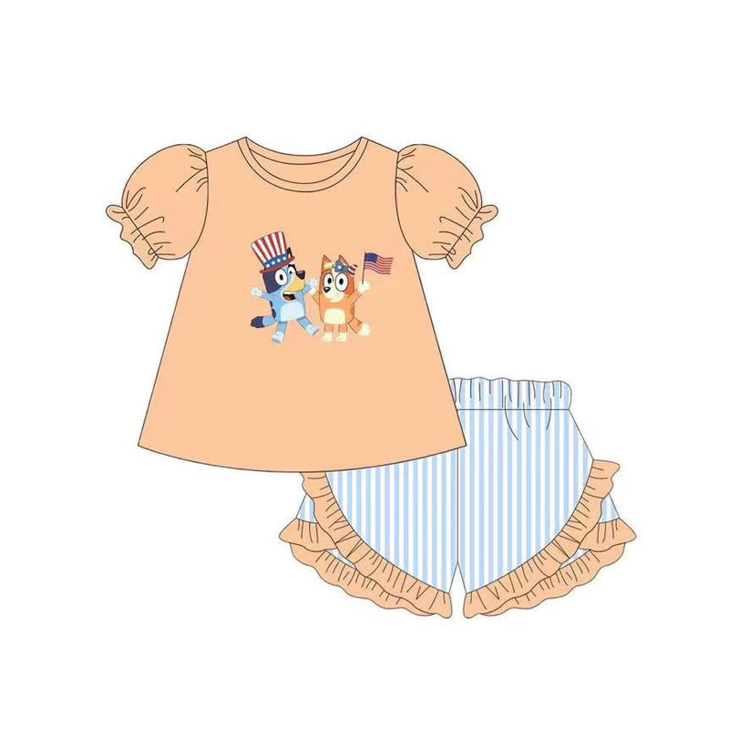 Baby Girls Peach Short Ruffle Sleeves Cartoon Dogs Flags Top Blue Stripe Shorts 4th Of July Set Preorder