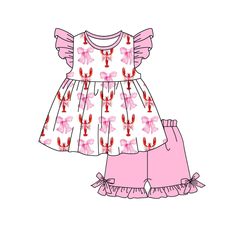 Baby Girls Pink Flutter Sleeves Bows Crayfishes Tunic Ruffel Short Valentines Set Preorder