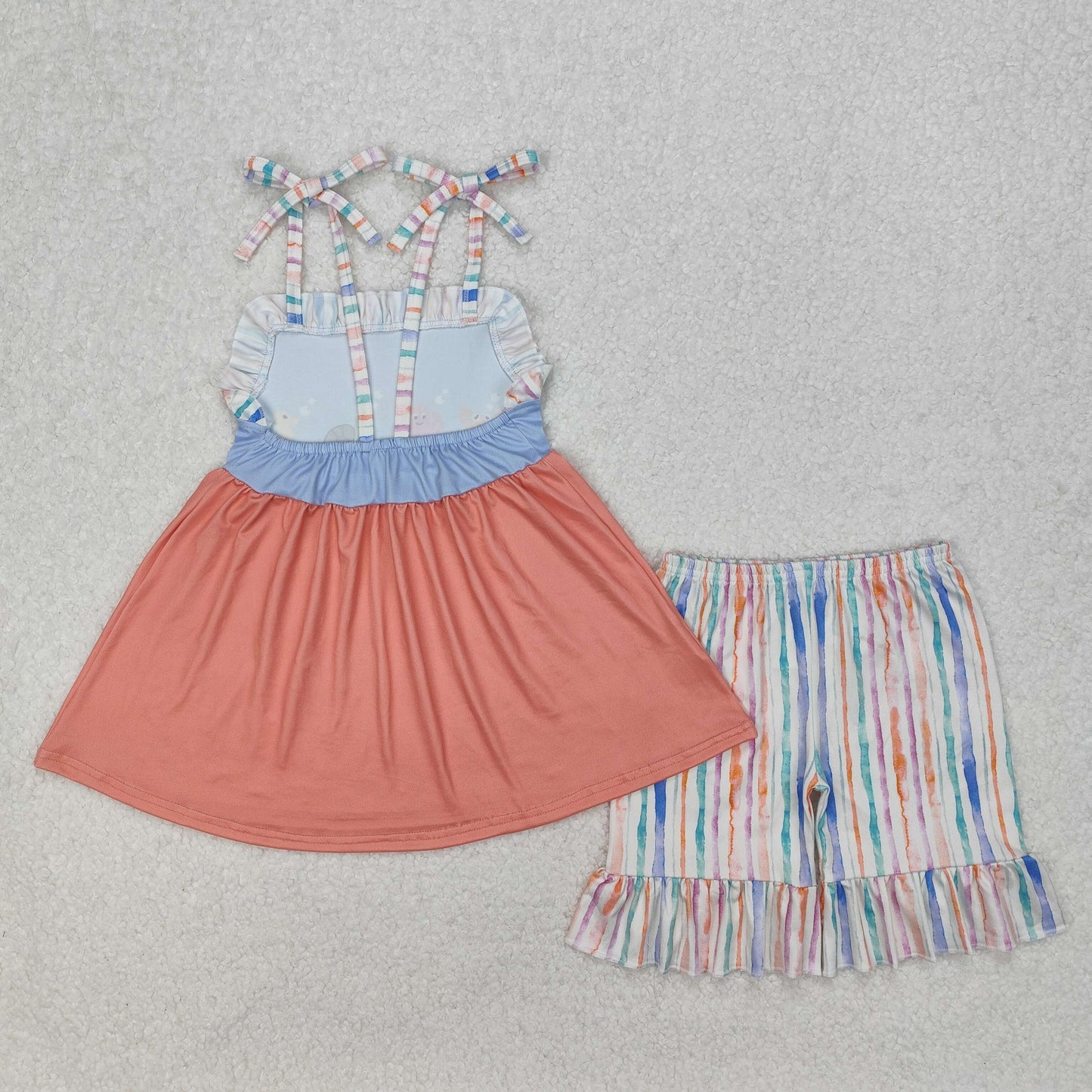 Baby Girls Stripe Strap Crabs Blue Peach Patchwork Tunic Ruffle Shorts Set