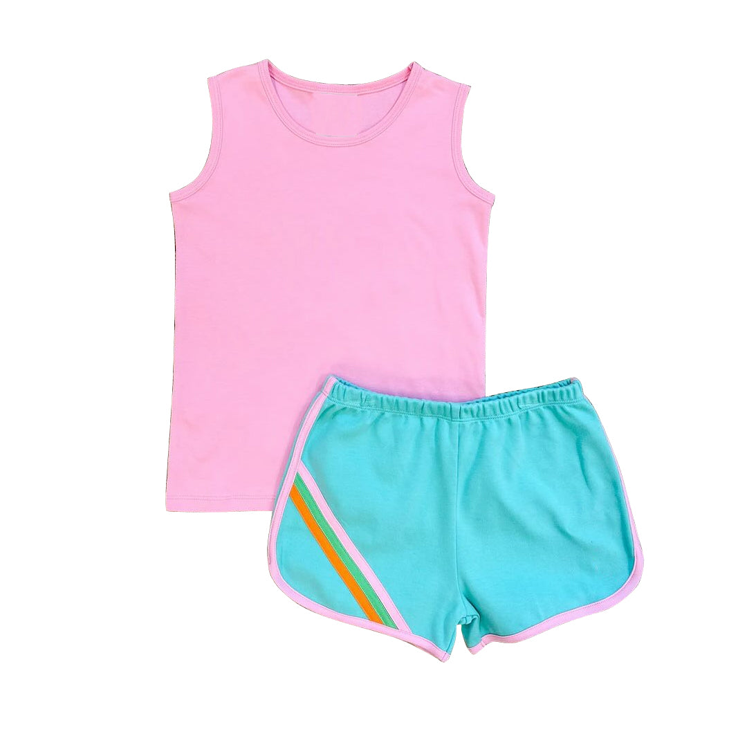 Baby Girls Pink Sleeveless Top Aqua Shorts Set Preorder