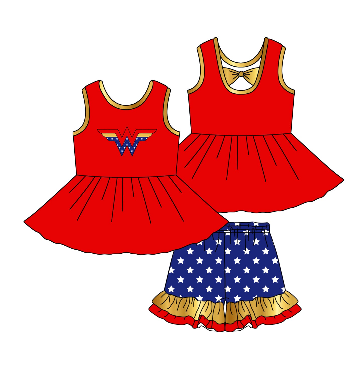Baby Girls Red Sleeveless Blue Yellow W Tunic Stars Ruffle Short 4th Of July Set Preorder