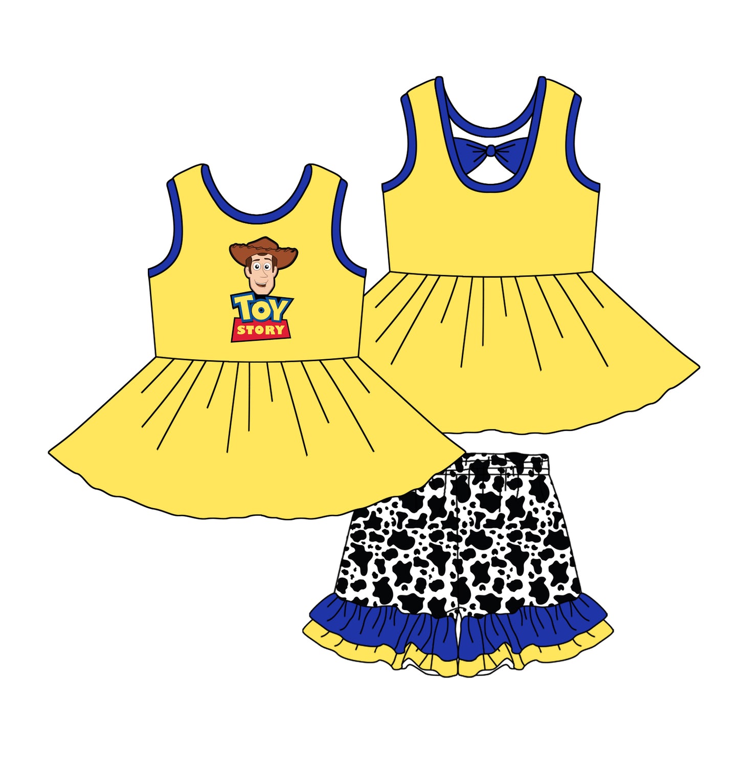Baby Girls Yellow Sleeveless Cartoon Toy Men Tunic Cow Print Ruffle Short Set Preorder
