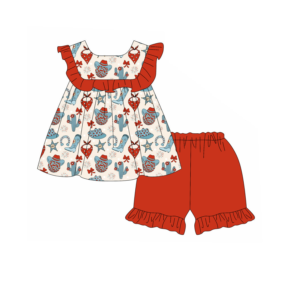 Baby Girls Red Ruffle Sleeves Bows Cactus Tunic Ruffle Shorts Set Preorder