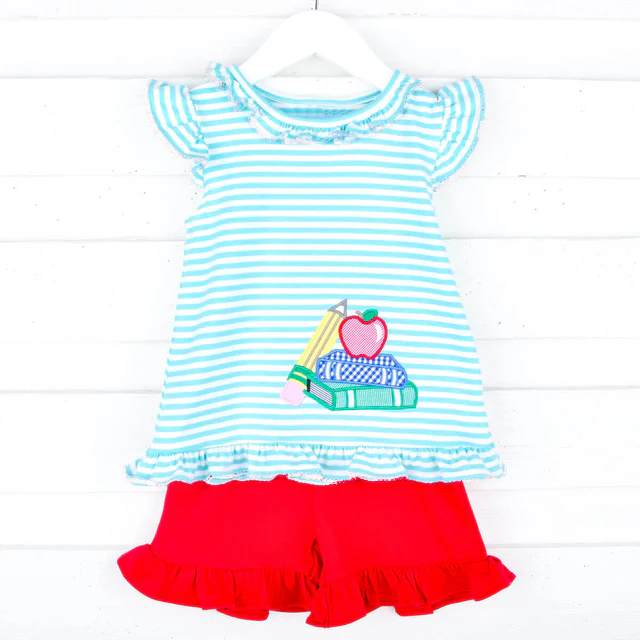 Baby Girls Aqua Stripe Flutter Sleeves Apple Pencil Tunic Red Ruffle Shorts Set Preorder