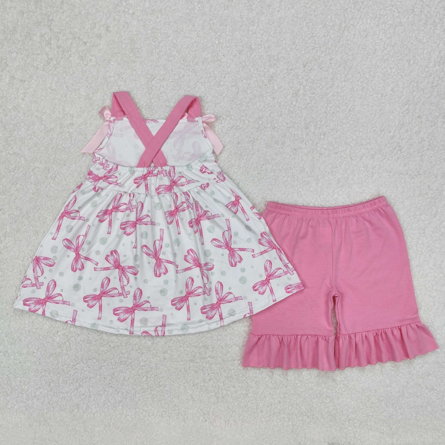 Baby Girls Pink Strap Pink Bows Tunic Ruffle Short Set