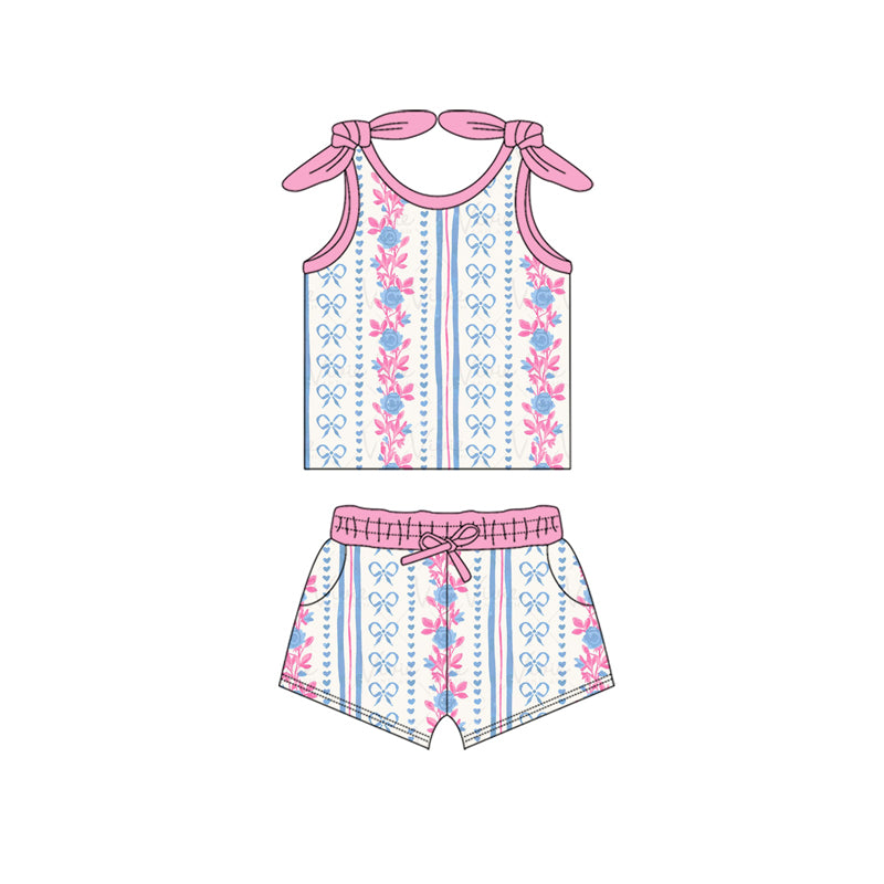 Baby Girls Pink Bows Straps Blue Floral Top Pockets Short Valentines Set Preorder