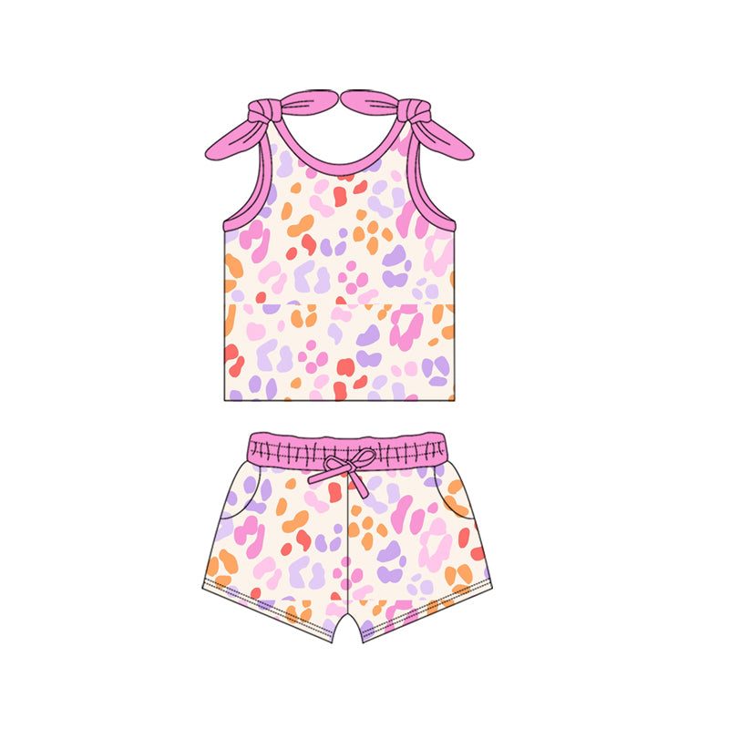 Baby Girls Blue Bows Strap Colorful Leopard Top Pocket Shorts Set Preorder