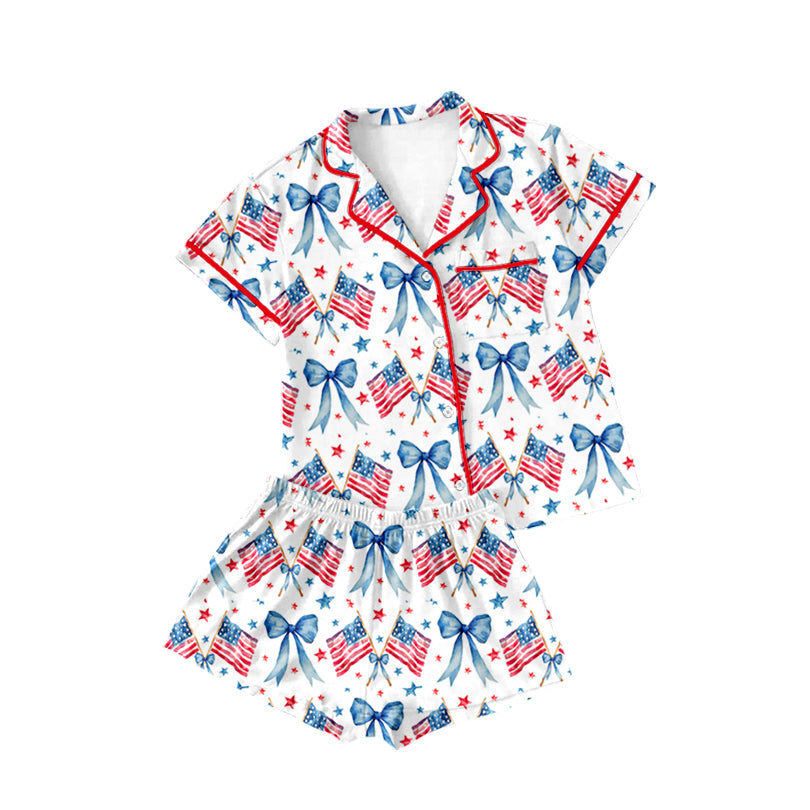Baby Girls Short Sleeves Blue Bows Flags Button Down Top Short 4th Of July Pajamas Set Preorder