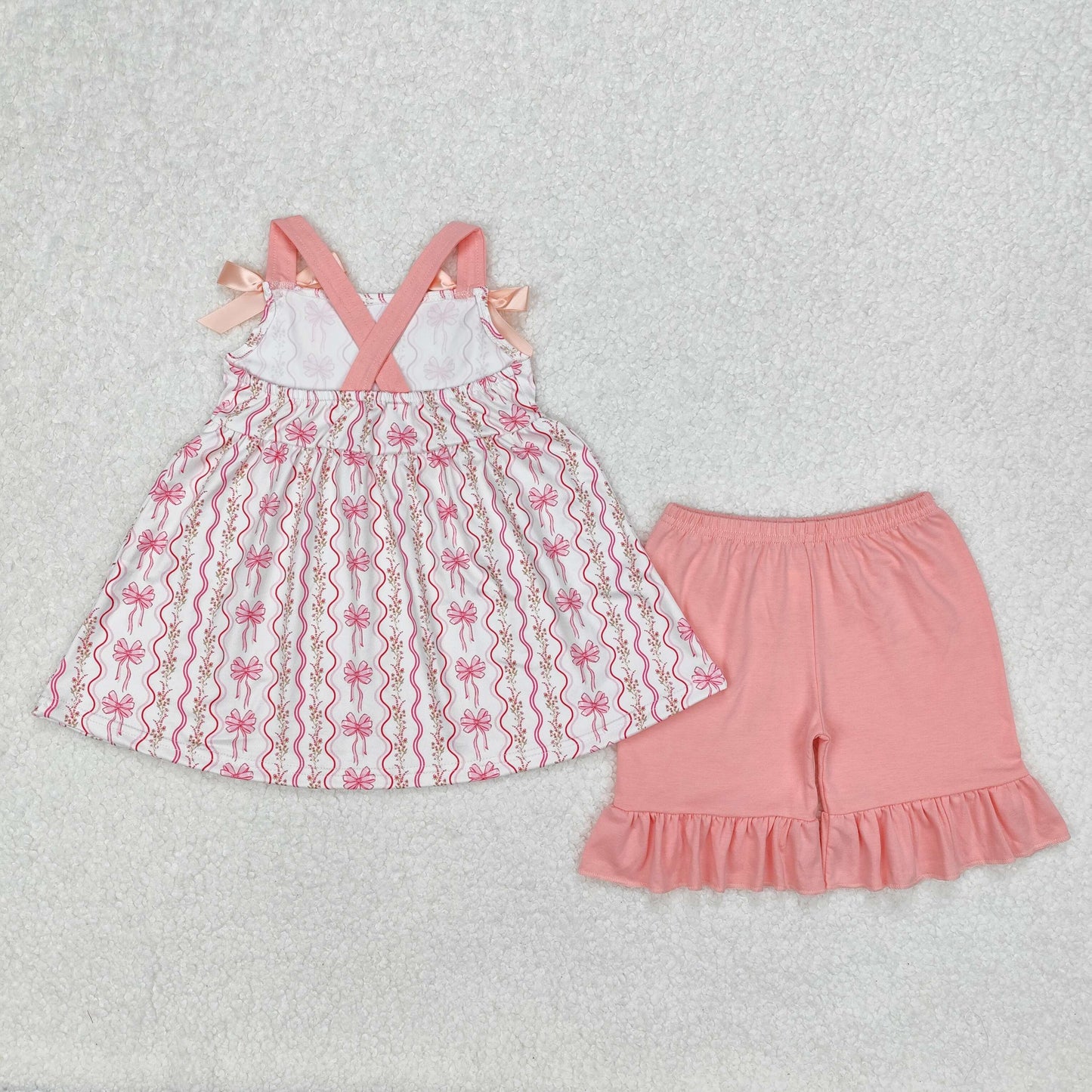 Baby Girls Peach Strap Bows Floral Stripe Tunic Ruffle Short Valentines Set