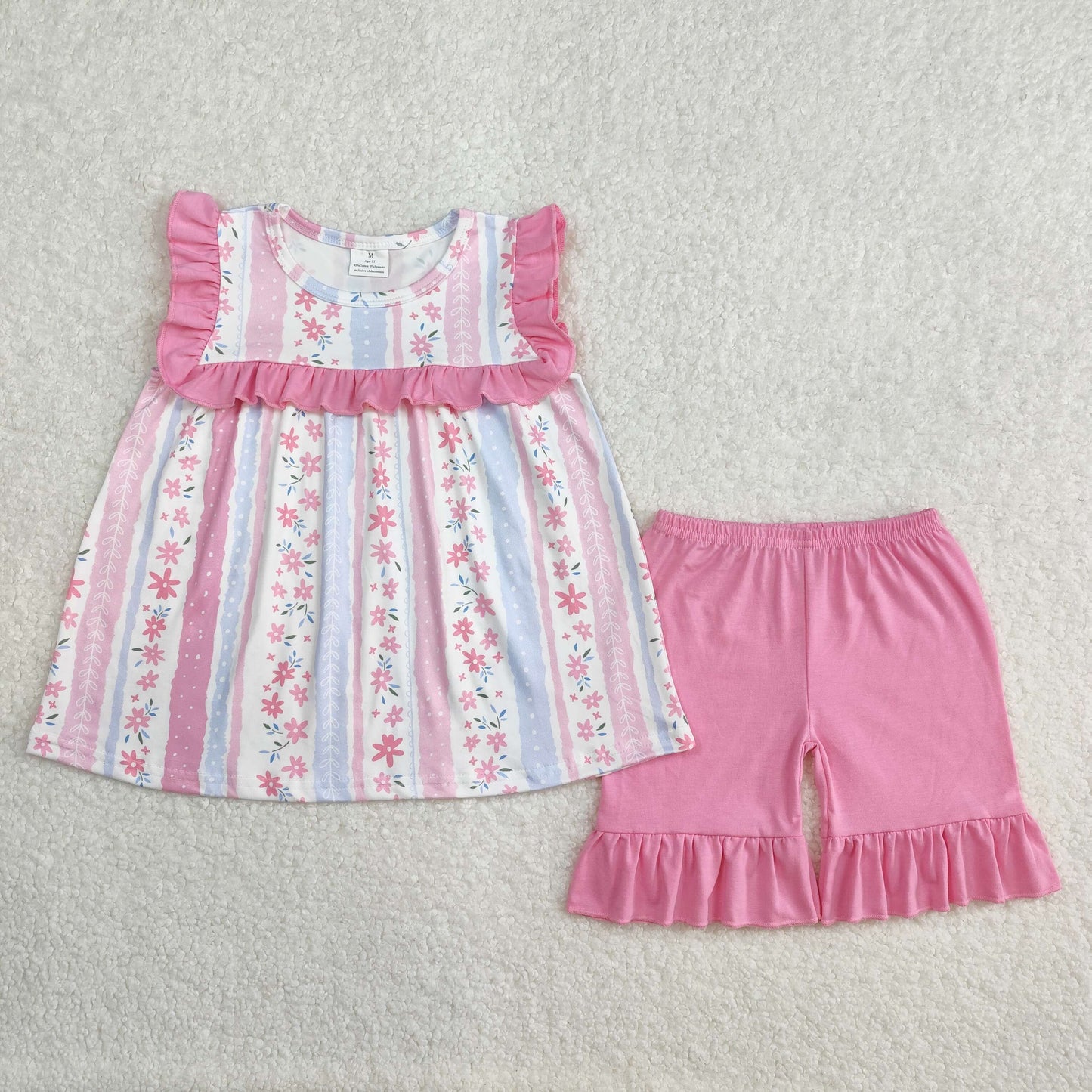 Baby Girls Pink Flowers Tunic Ruffle Shorts Sets