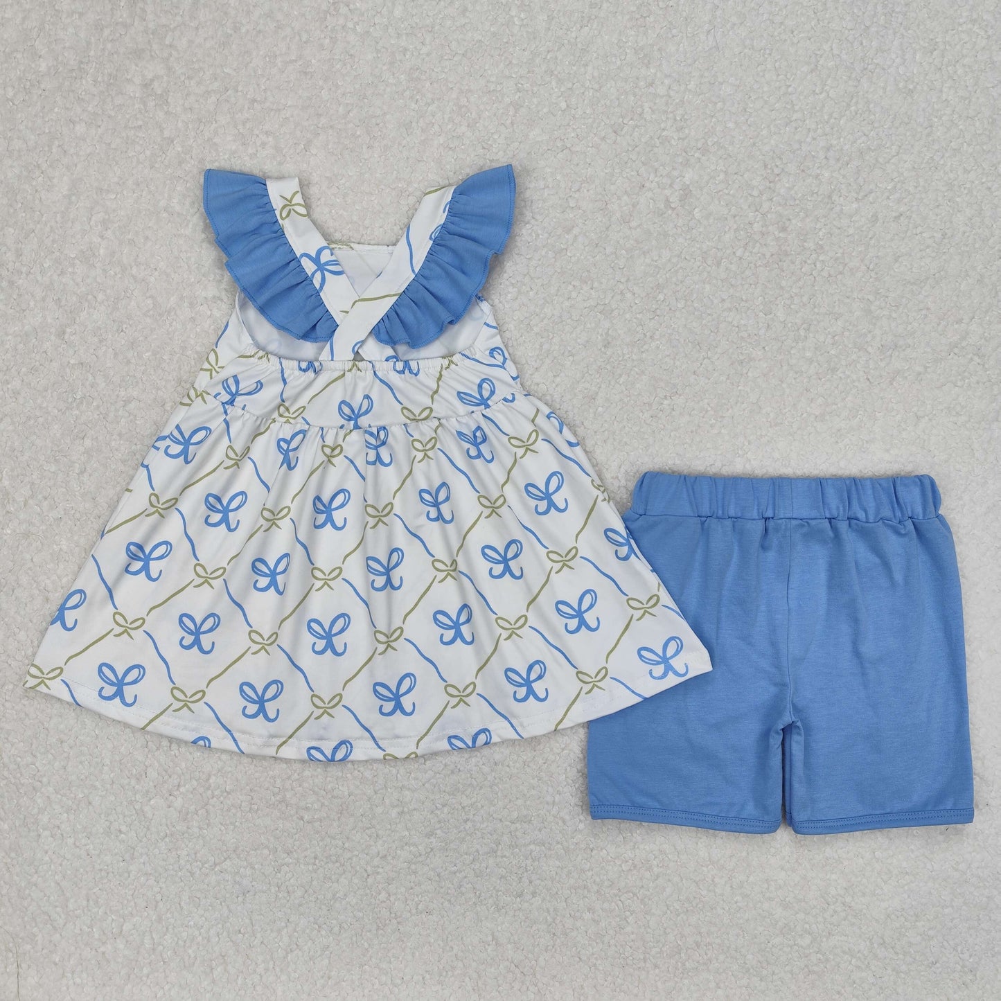 Baby Girls Blue Flutter Sleeves Bows Plaid Tunic Ruffle Shorts Set