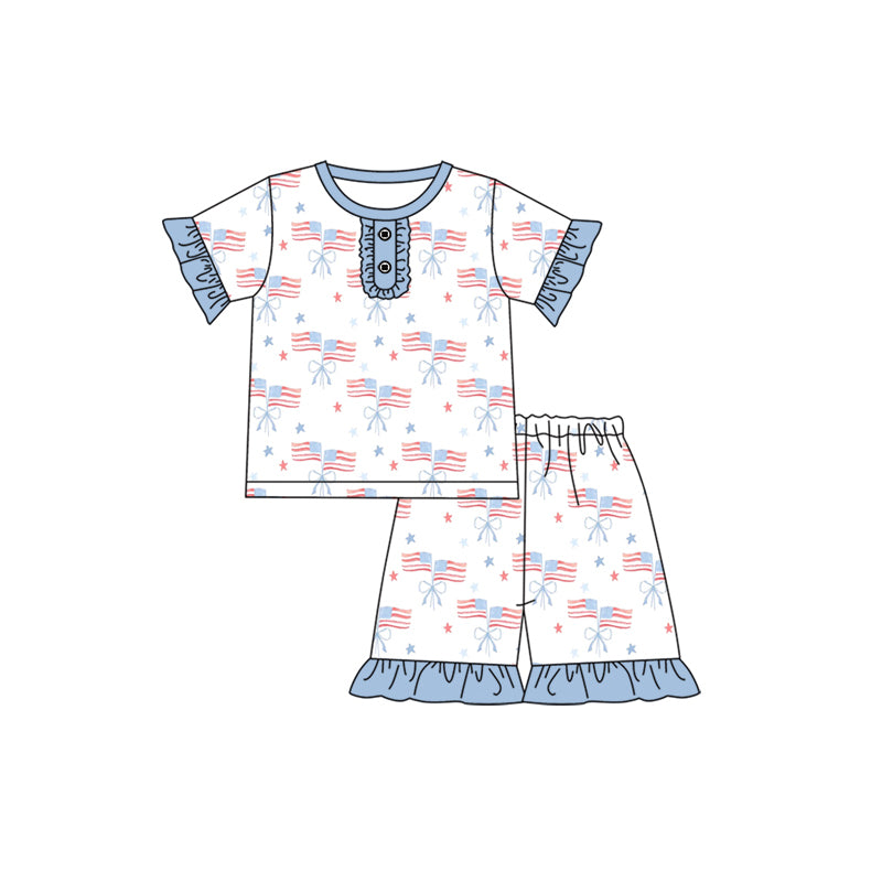 Baby Girls Short Ruffle Sleeves Bows Flags Button Down Top Shorts 4th Of July Pajamas Set Preorder